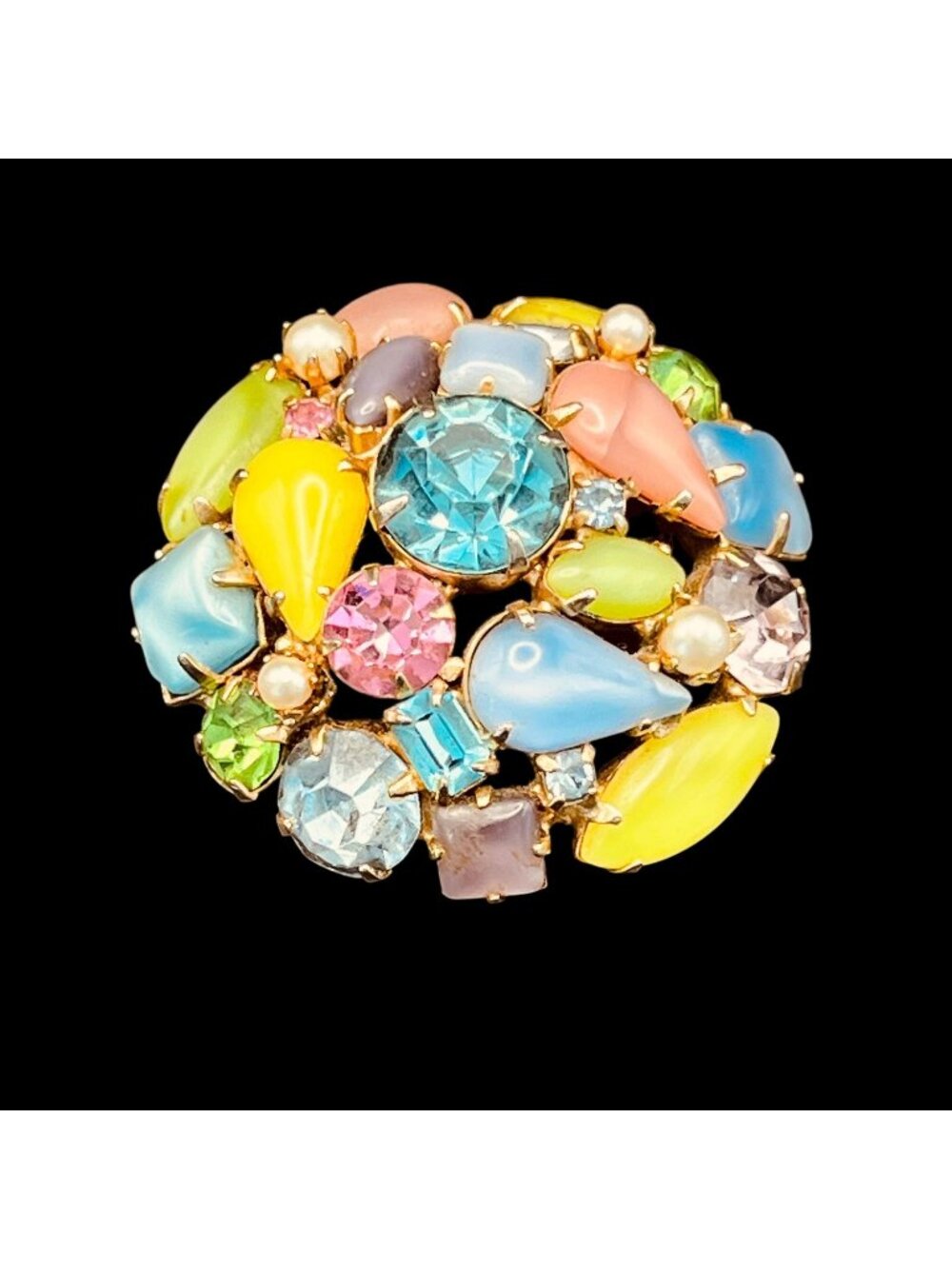 Vintage Pastel Tutti Frutti Brooch Rhinestones Pearls Gems 1.5" Round Unmarked